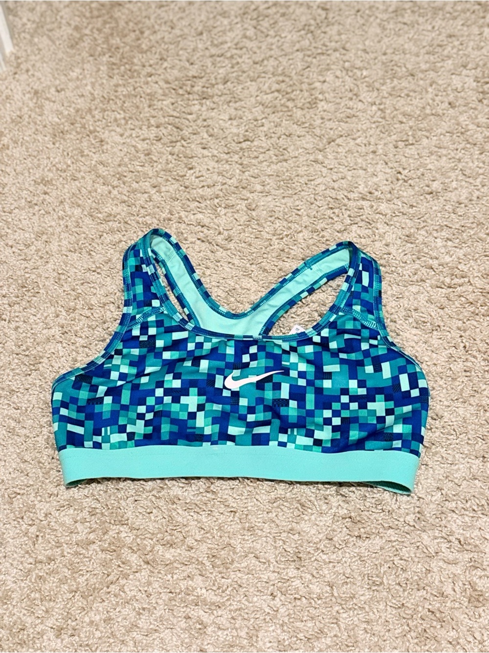 Nike Women's Teal and Navy Pixel-Print Sports Bra